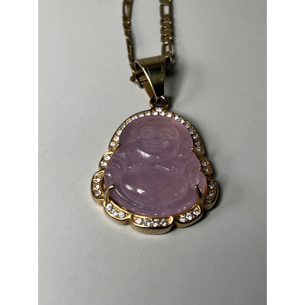 Gold Tone Buddha Pendant Necklace Pink Jade CZ Crystal Accent 24" Figaro Chain